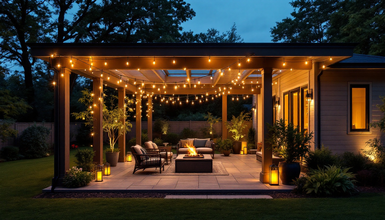 A photograph of a beautifully designed covered patio at dusk