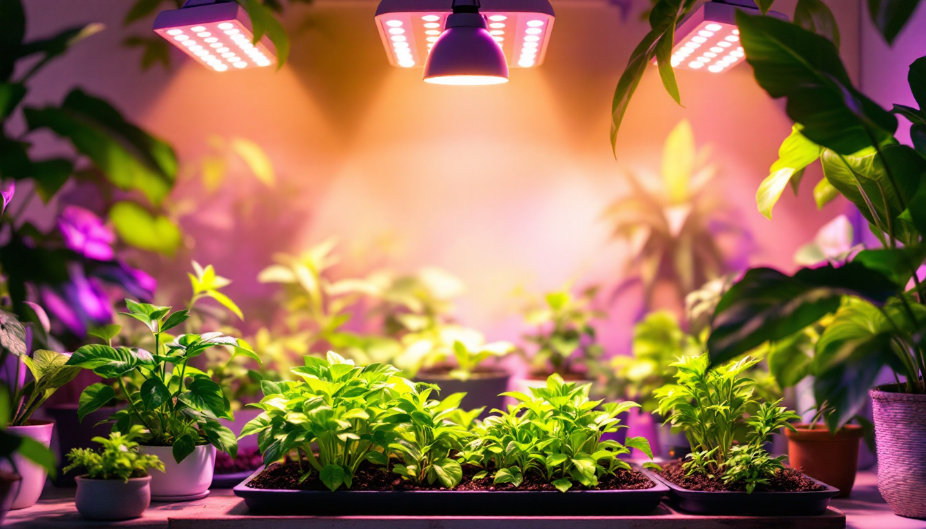 A photograph of a vibrant indoor garden illuminated by various types of led plant grow lights