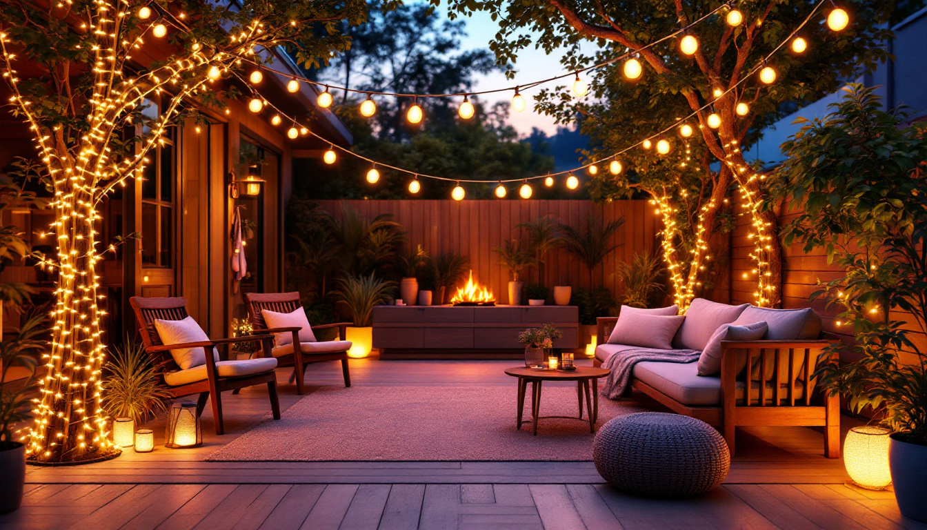 A photograph of a beautifully illuminated outdoor space showcasing various styles and colors of led light strands