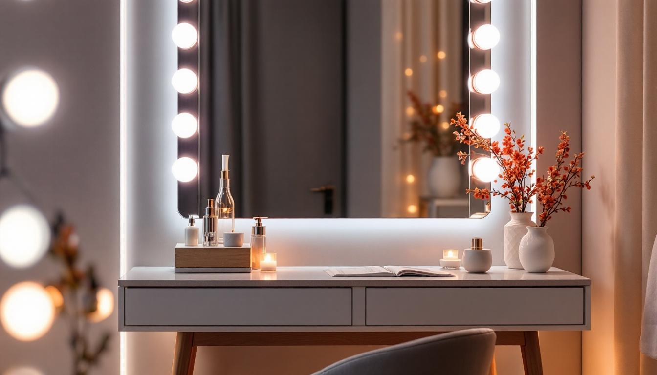 A photograph of a beautifully styled vanity area featuring elegant led lights that showcase their illumination effect on the space