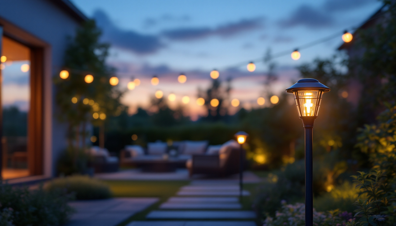 A photograph of a beautifully lit outdoor space showcasing solar lights illuminating a garden or patio at dusk