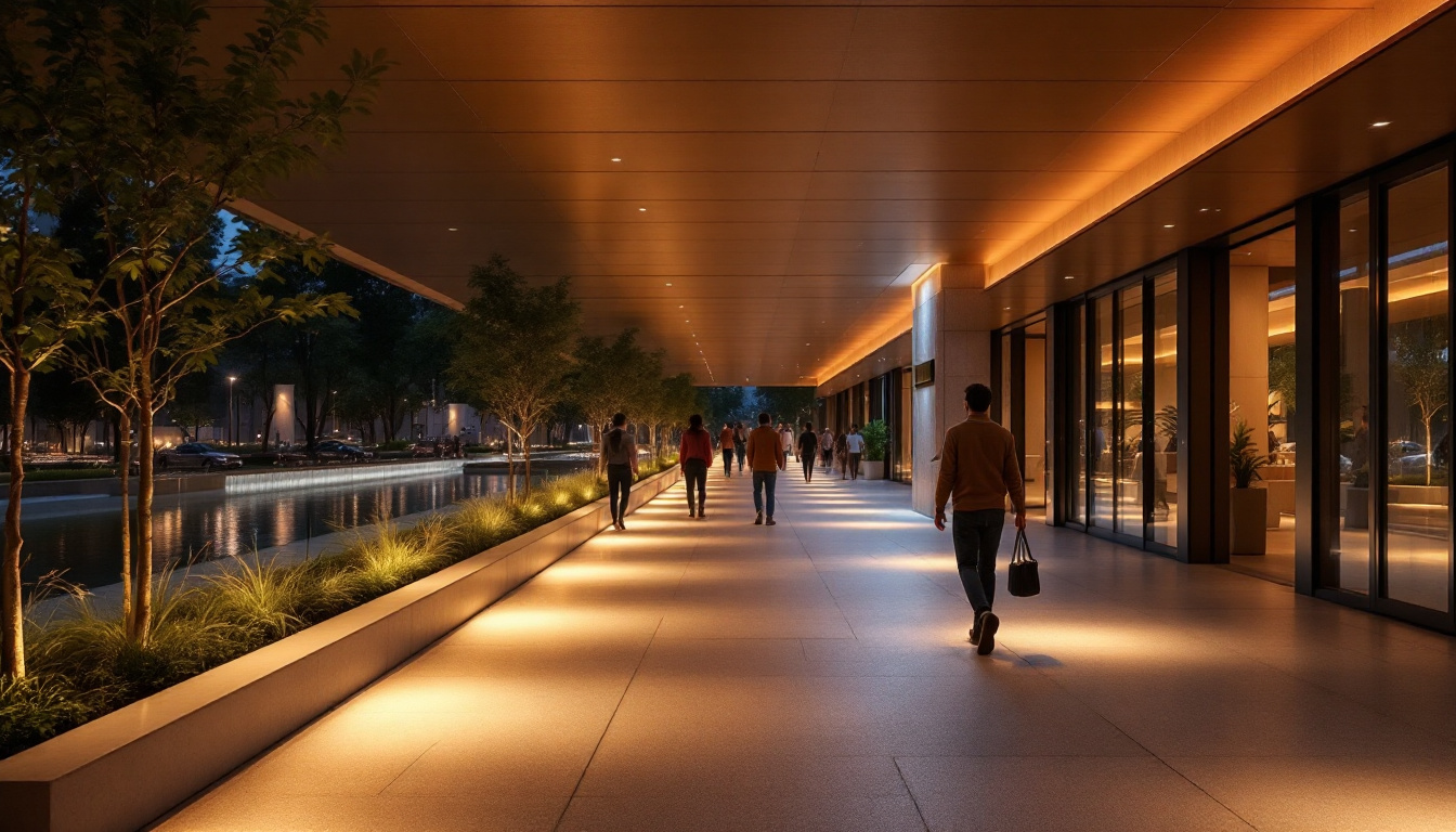 A photograph of a beautifully lit walkway at dusk