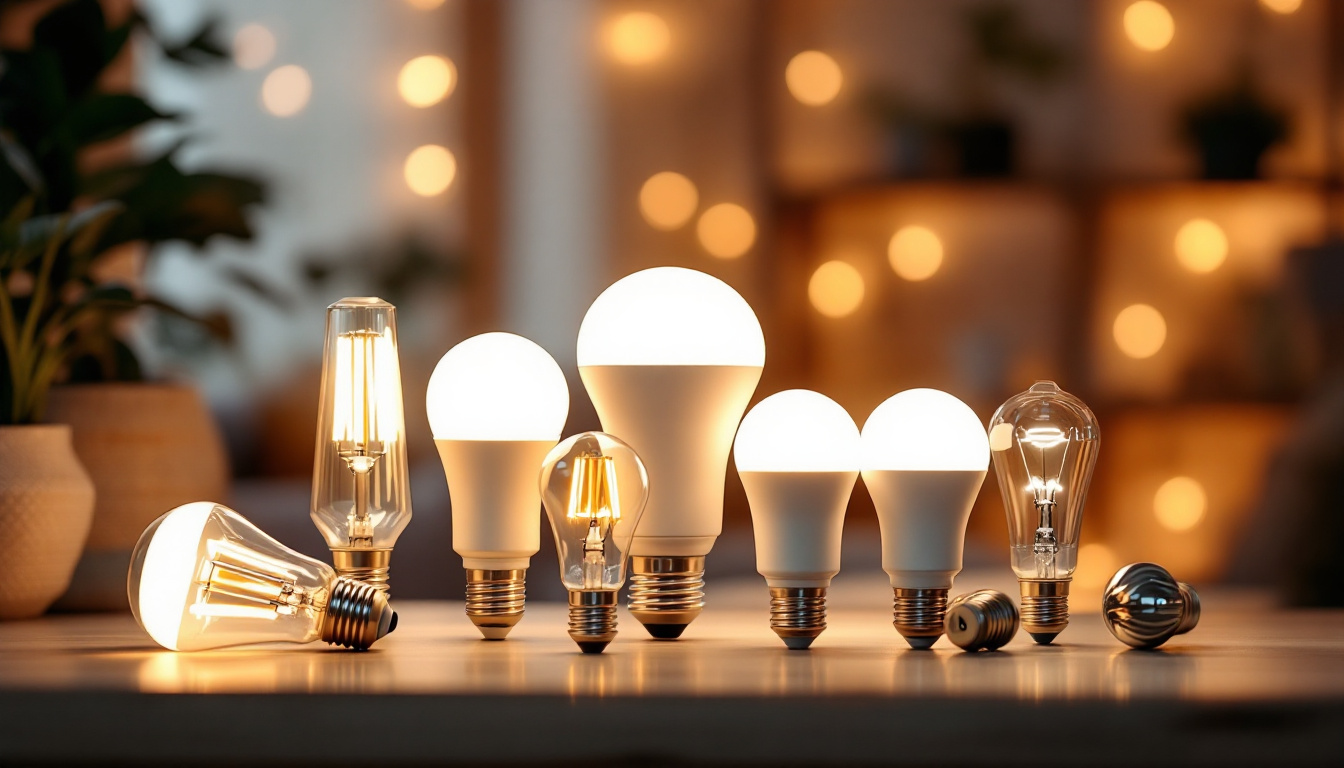 A photograph of a variety of led bulbs in different sizes and shapes displayed in a home setting