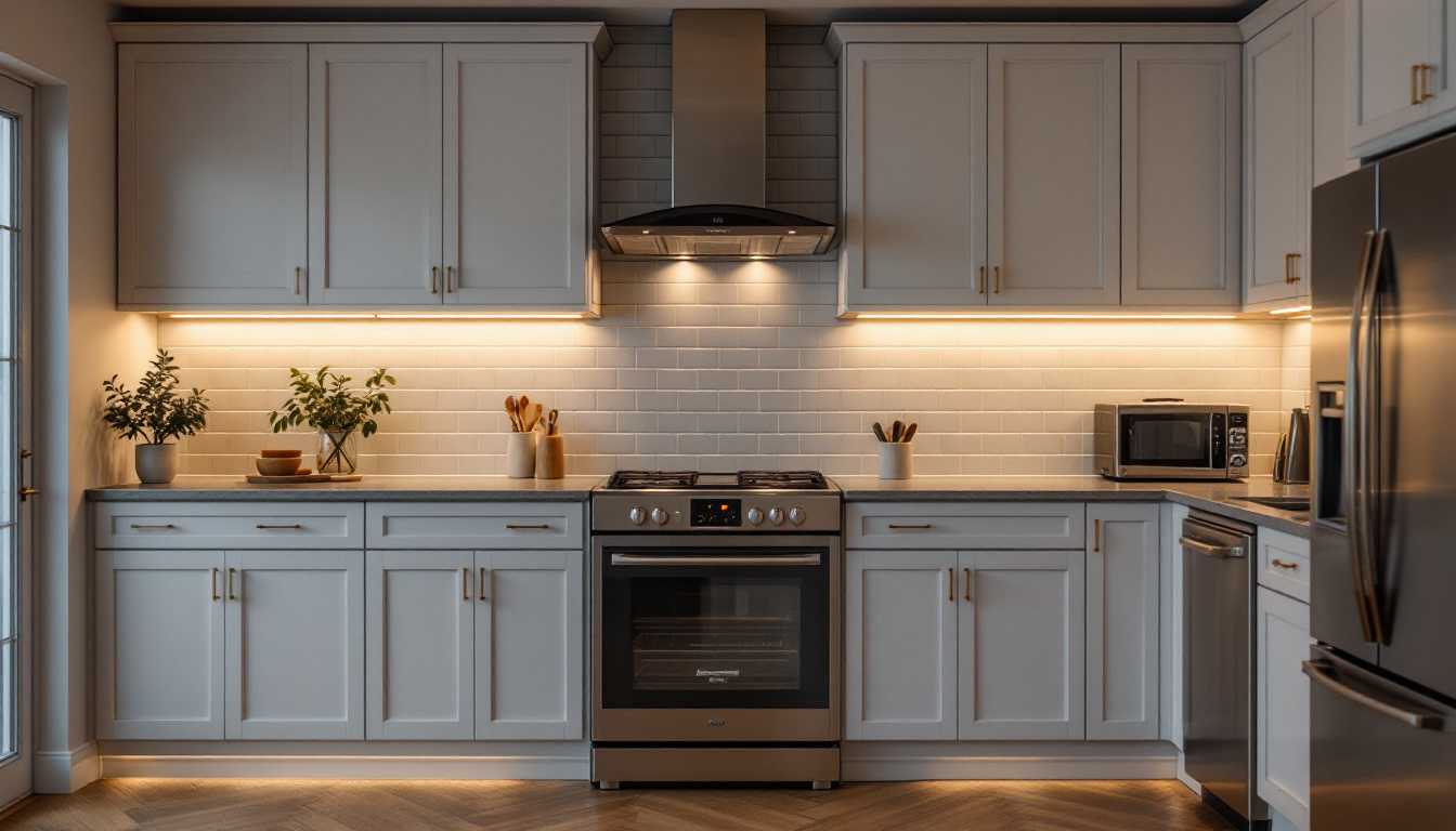 A photograph of a beautifully designed kitchen showcasing under-cabinet lighting that highlights the countertops and creates an inviting ambiance
