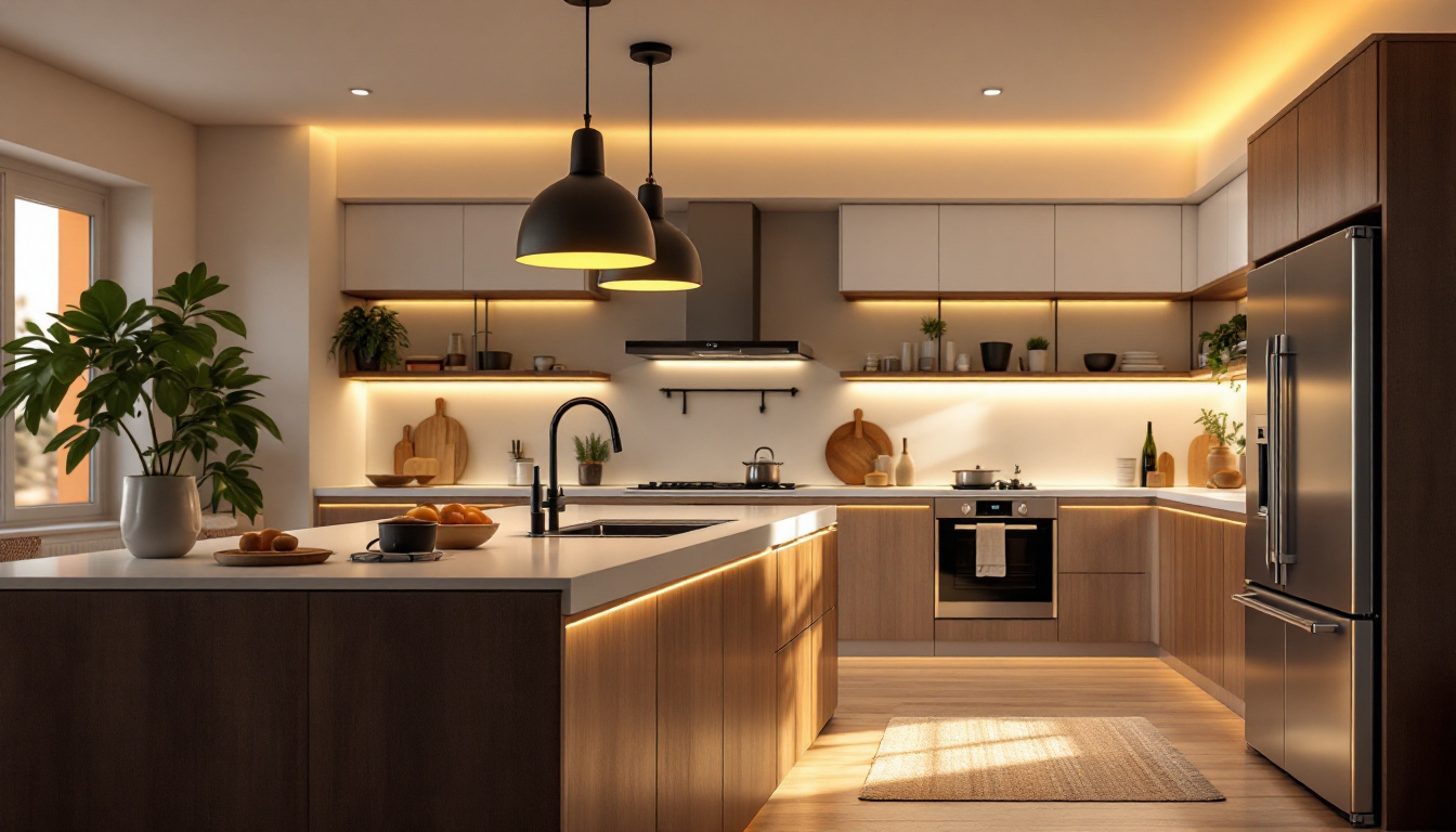 A photograph of a modern kitchen featuring stylish island lights that illuminate the space