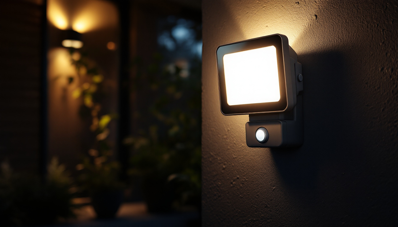 A photograph of a motion sensor flood light bulb in action