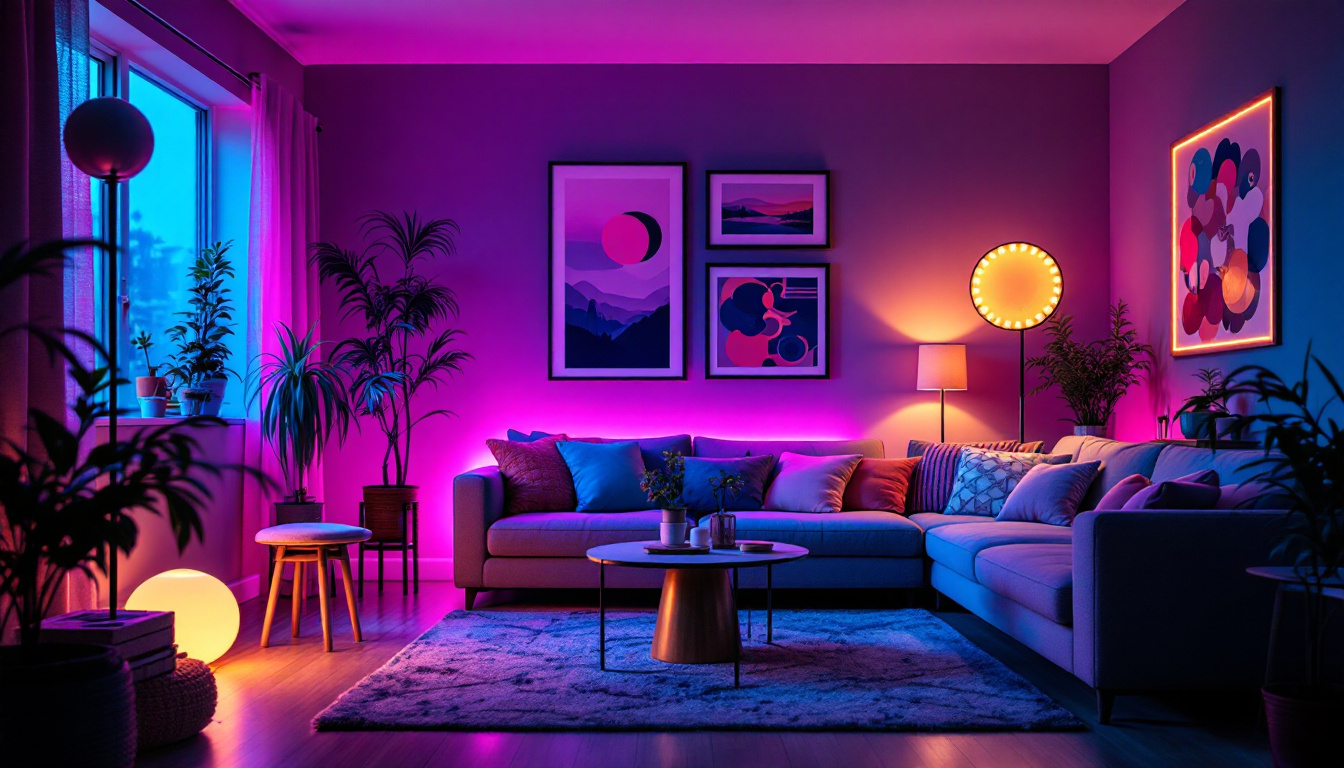 A photograph of a cozy living space illuminated by vibrant strip lights