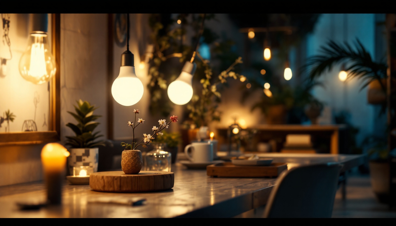 A photograph of a beautifully lit room showcasing general electric light bulbs in various settings