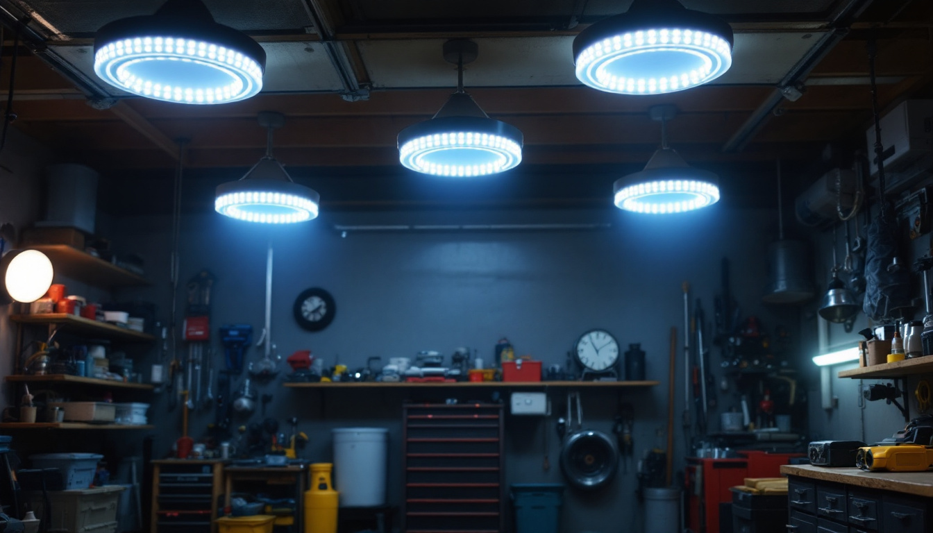 A photograph of a well-lit garage interior showcasing various led ceiling lights in action