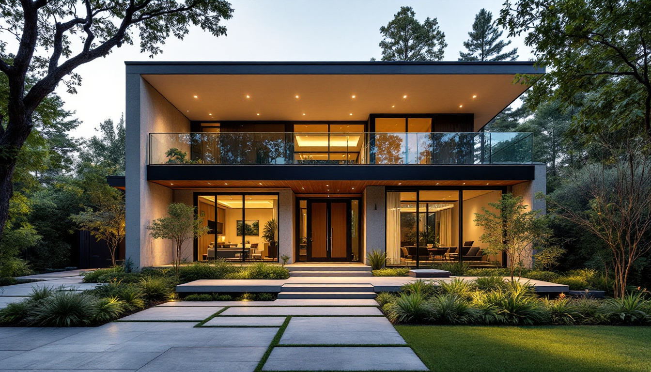 A photograph of capture a photograph of a beautifully designed home featuring a prominent roof overhang with recessed lighting