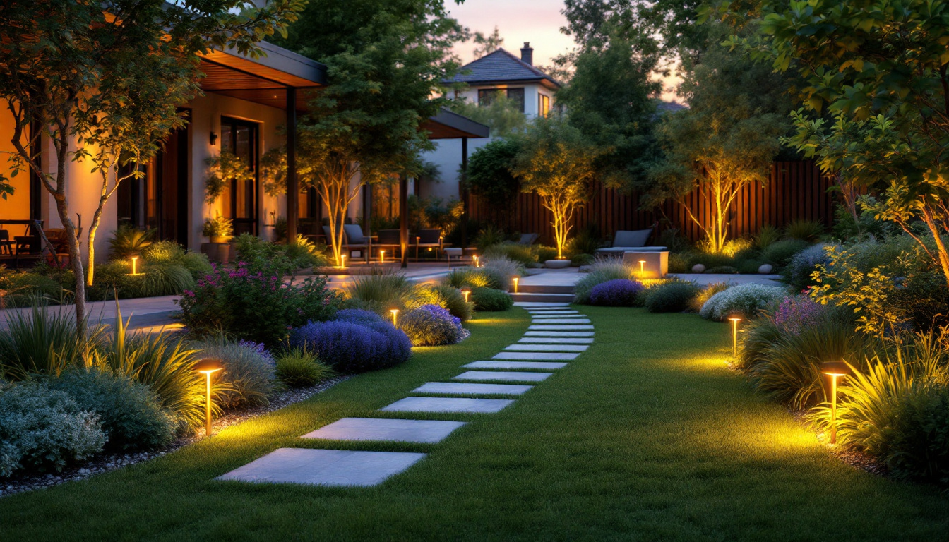 A photograph of a beautifully landscaped outdoor space at dusk