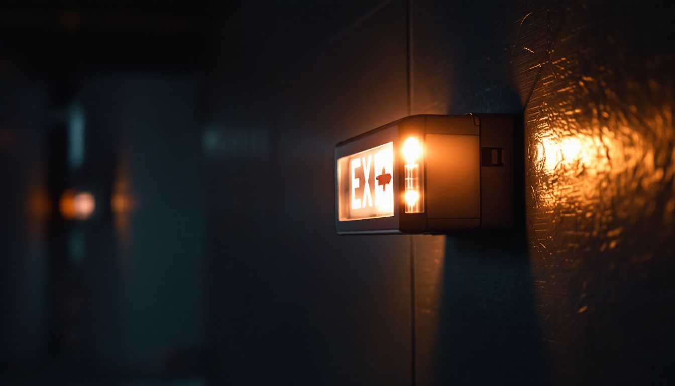 A photograph of a well-lit emergency light fixture in a dimly lit environment