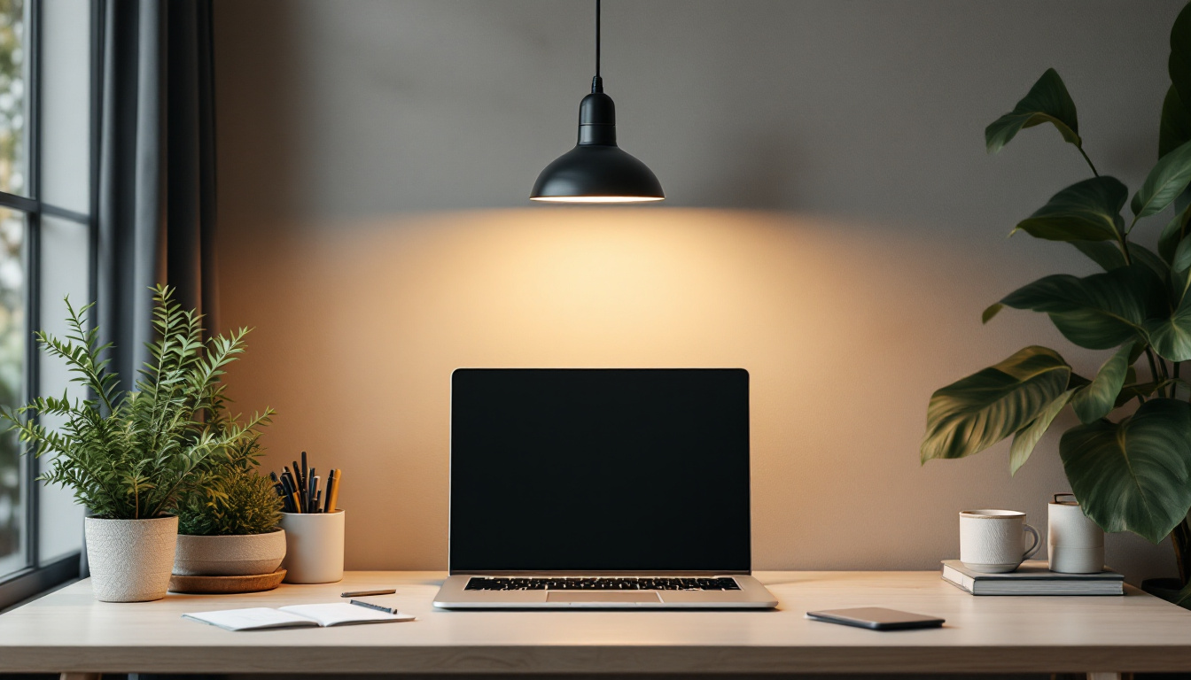 A photograph of a stylishly designed workspace featuring a hanging work light that enhances the overall lighting design