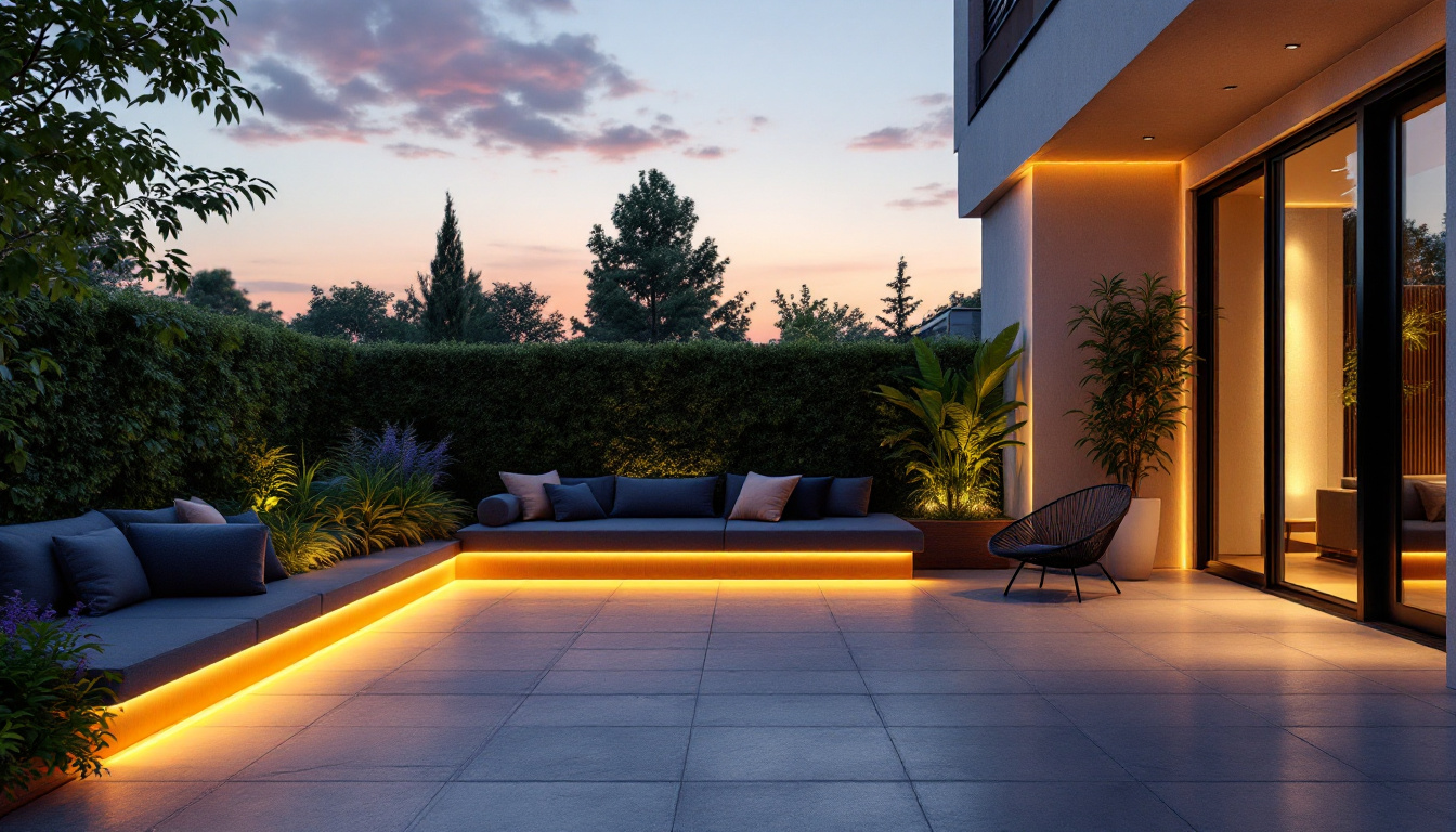 A photograph of a beautifully designed outdoor space featuring modern recessed lighting