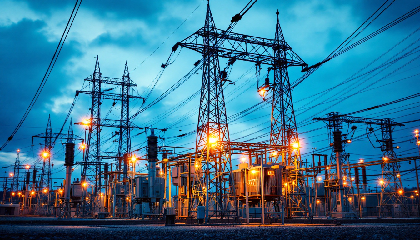 A photograph of a high-voltage electrical substation showcasing the intricate network of transformers and power lines