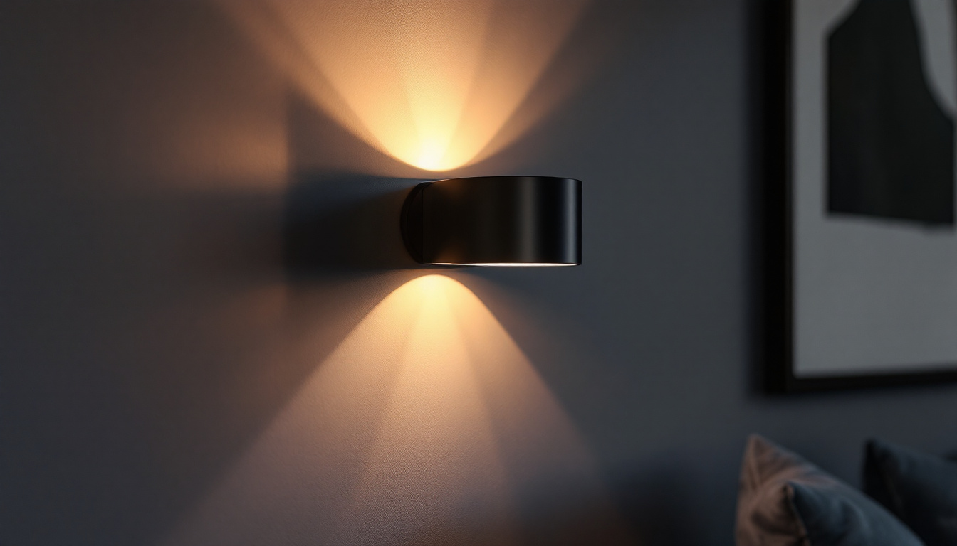 A photograph of a stylish modern black cylinder wall sconce illuminating a cozy