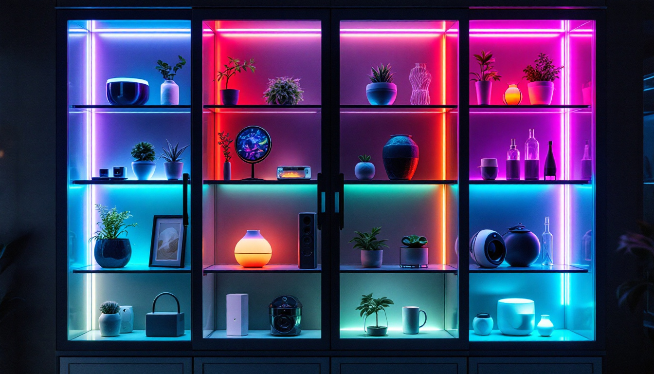 A photograph of a beautifully arranged display cabinet illuminated by vibrant led lights