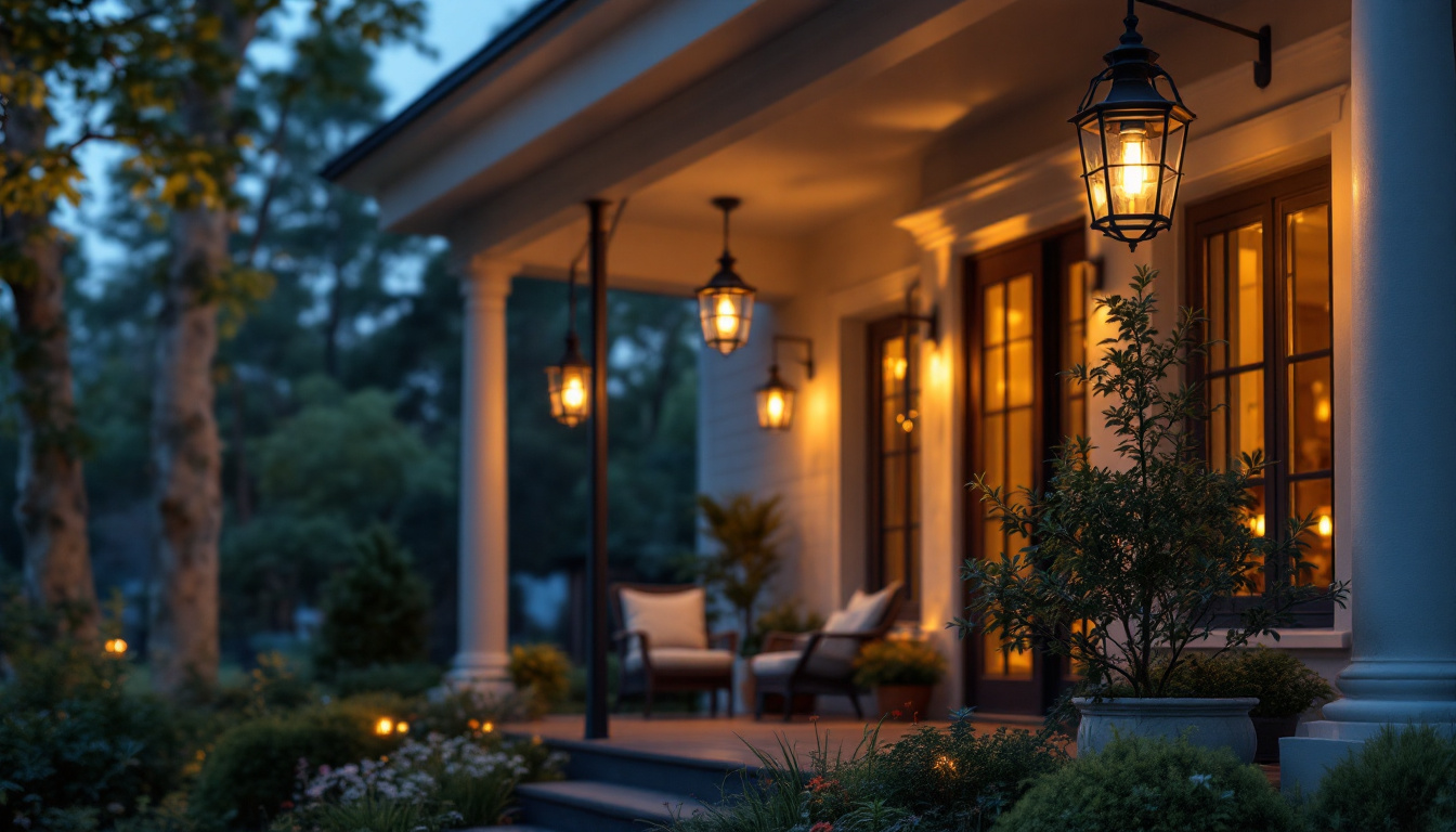 A photograph of a beautifully styled porch featuring a variety of hanging lights in different designs and settings