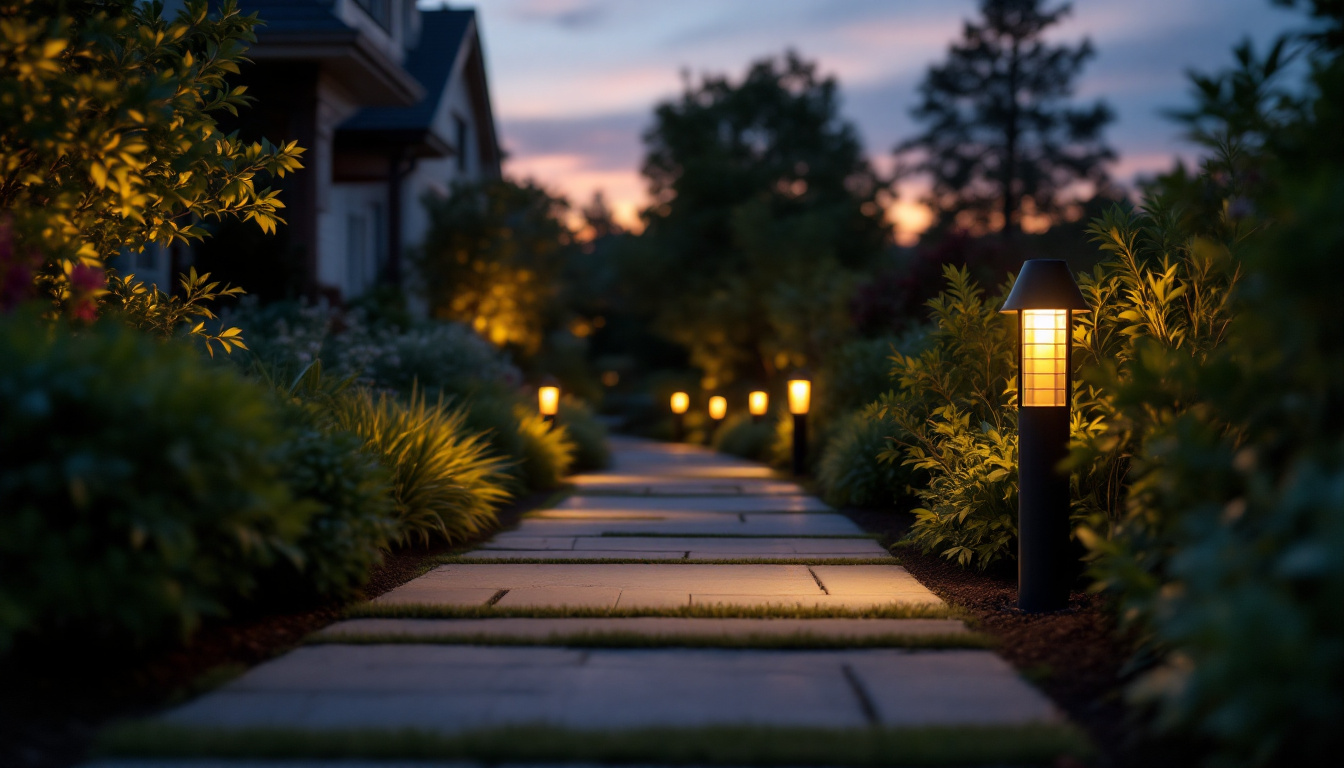 A photograph of a beautifully lit outdoor walkway at dusk