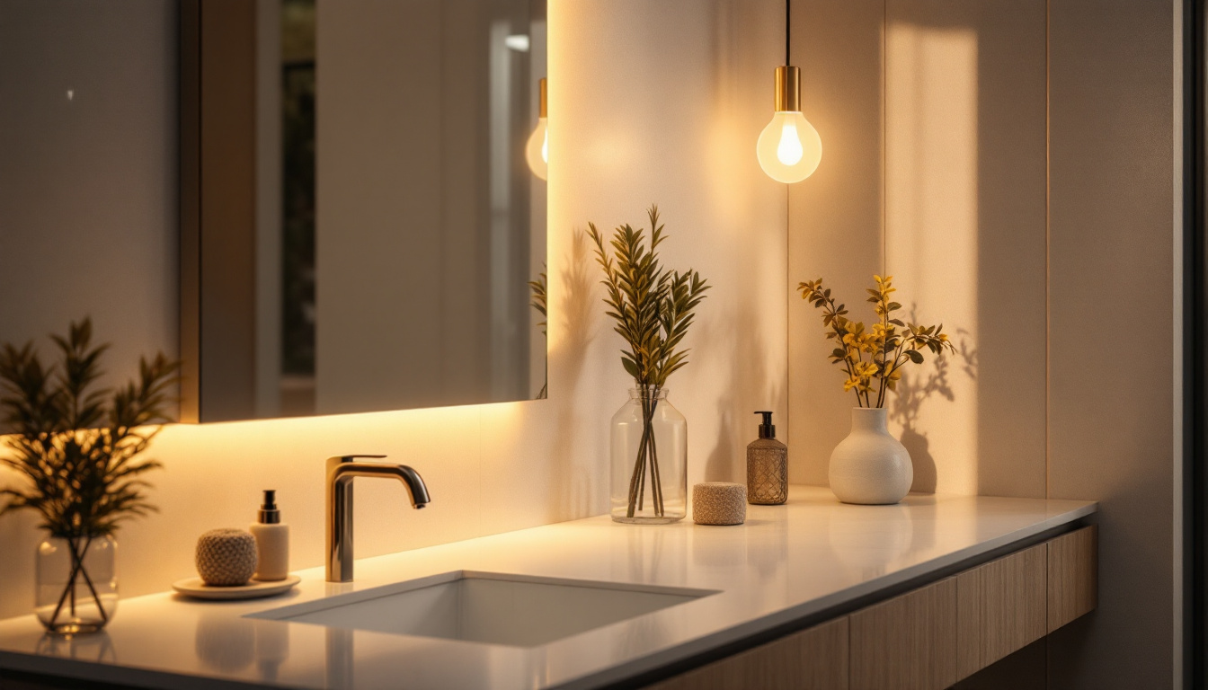 A photograph of a modern bathroom vanity featuring energy-efficient lighting