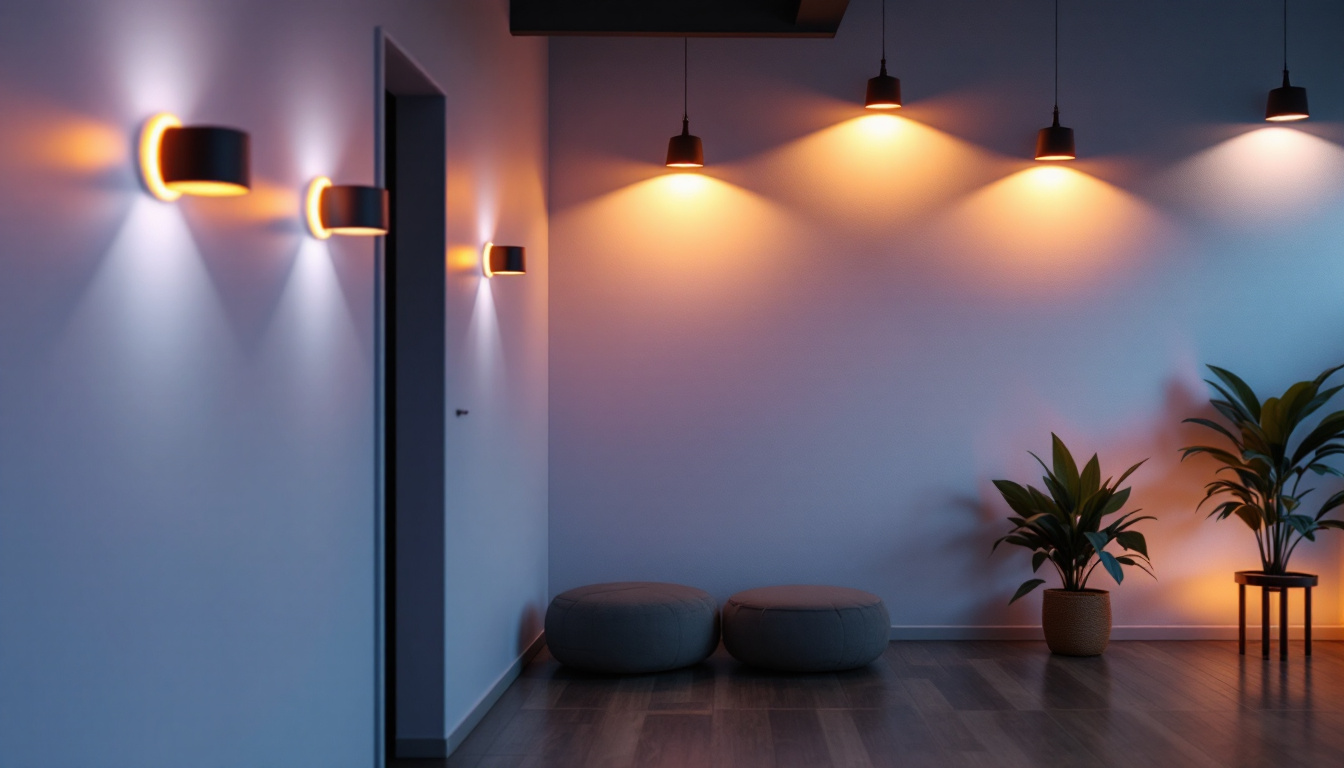 A photograph of a stylish interior space featuring led lights installed on the walls