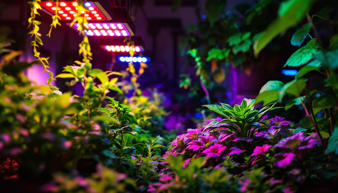 A photograph of a vibrant indoor garden illuminated by an array of colorful led grow lights