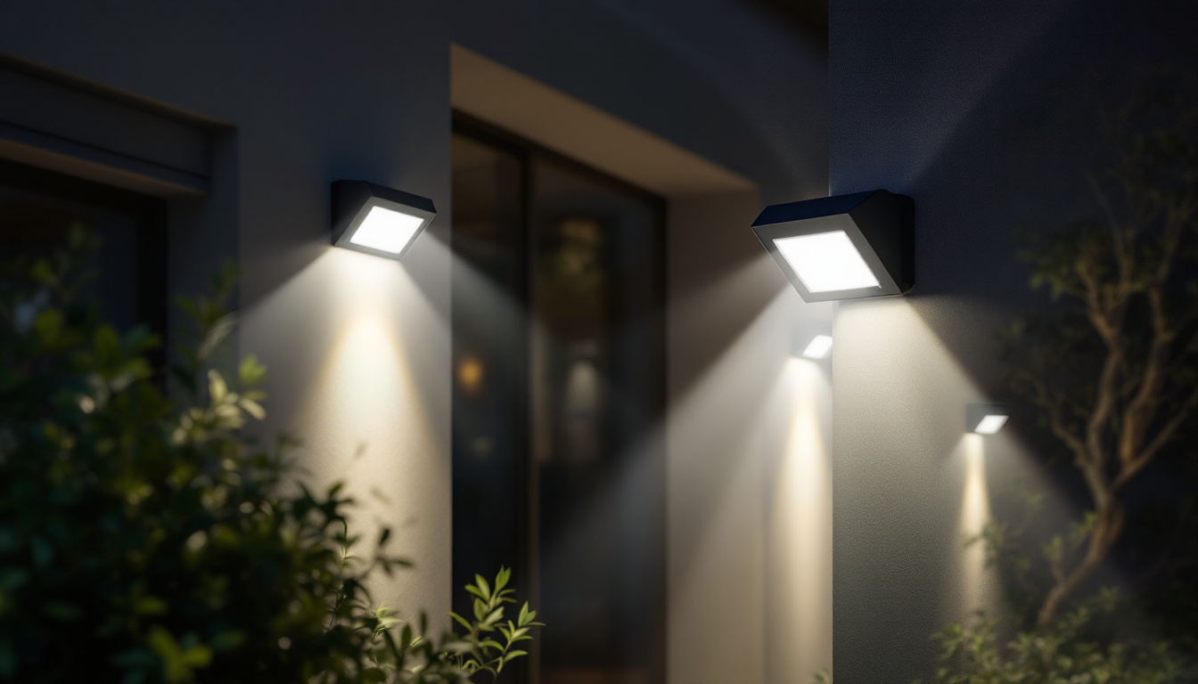 A photograph of a stylish outdoor space illuminated by modern flood light fixtures with motion sensors