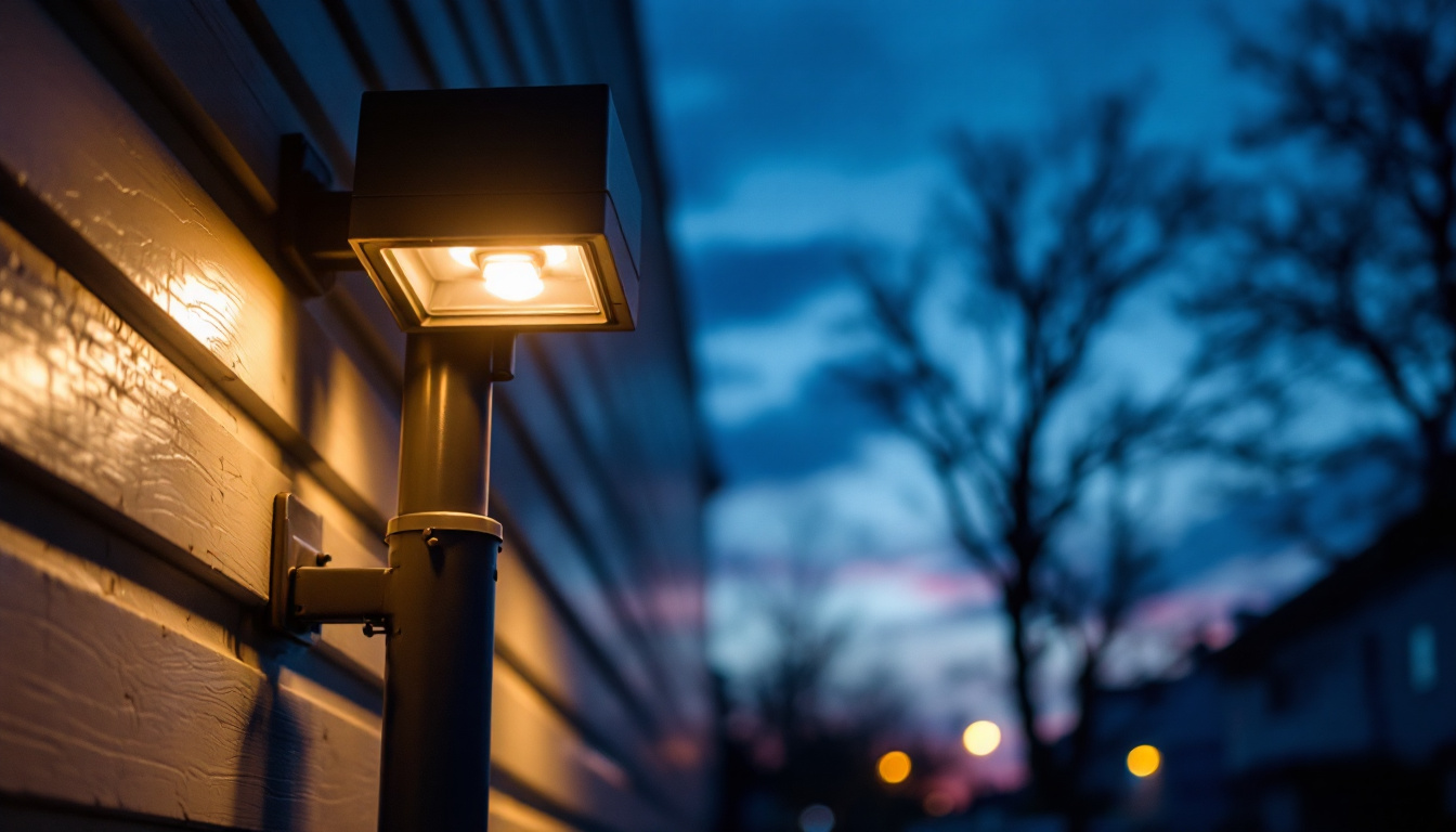 A photograph of a well-lit outdoor emergency light in action during twilight