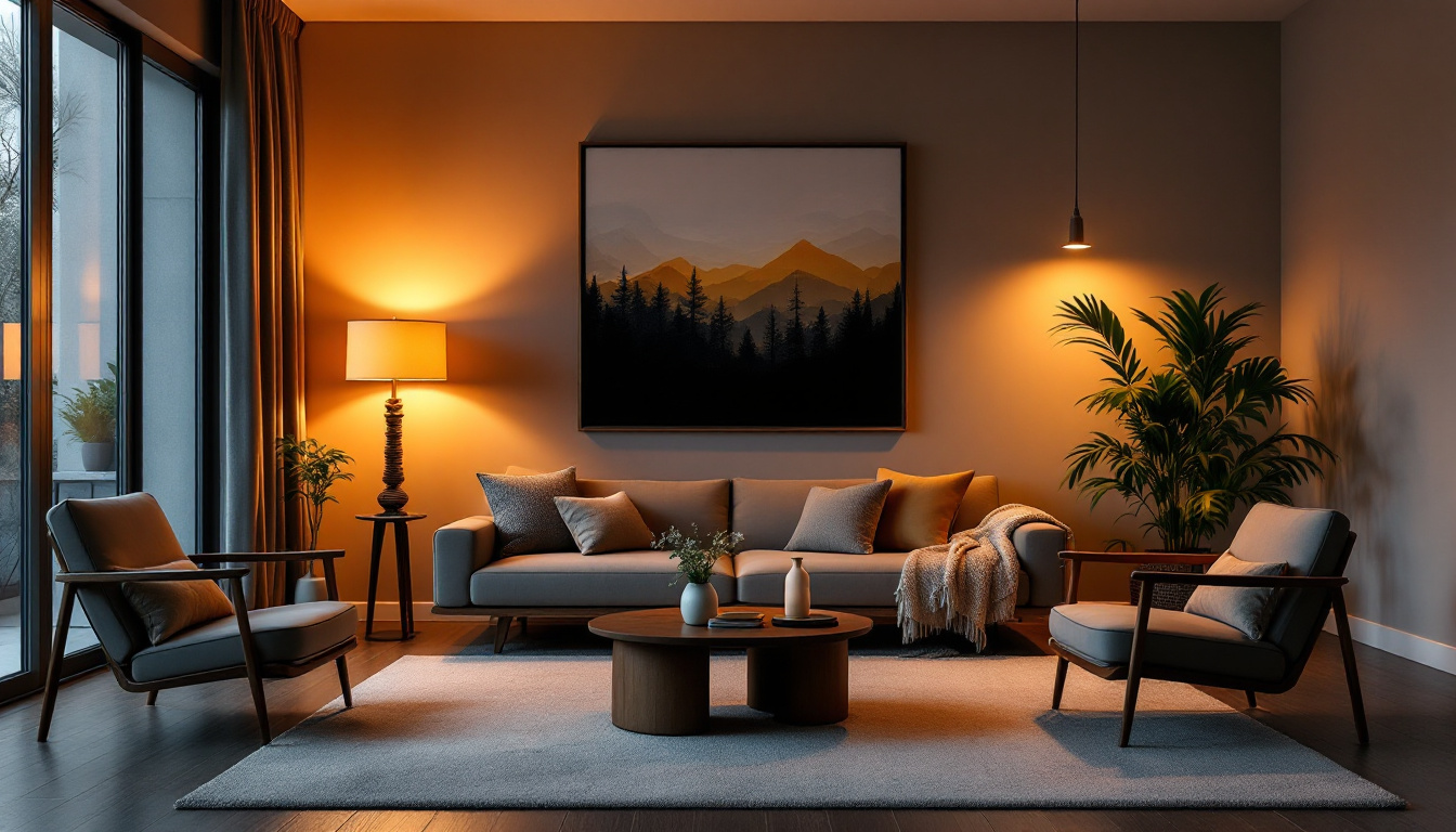 A photograph of a stylishly designed modern living space featuring warm