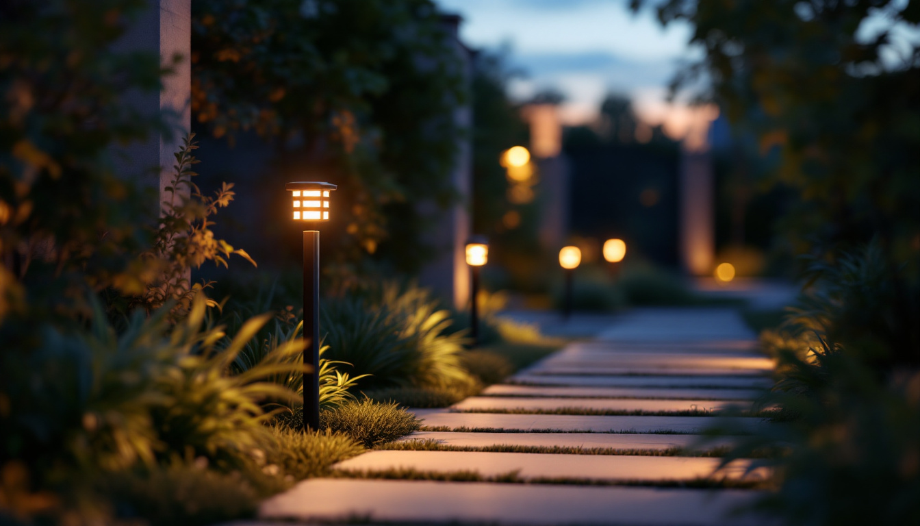 A photograph of a beautifully lit outdoor scene at dusk featuring solar gate lights illuminating a pathway
