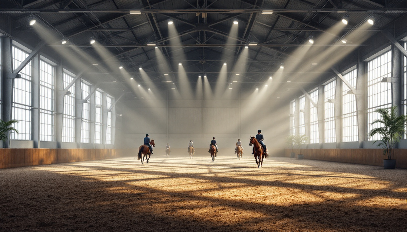 A photograph of a modern indoor riding arena showcasing innovative lighting solutions