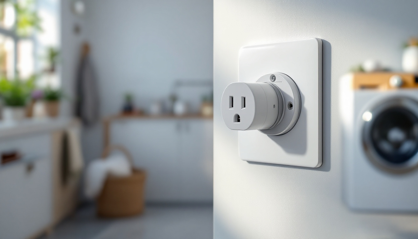 A photograph of a modern washer dryer outlet adapter in a well-lit laundry room setting