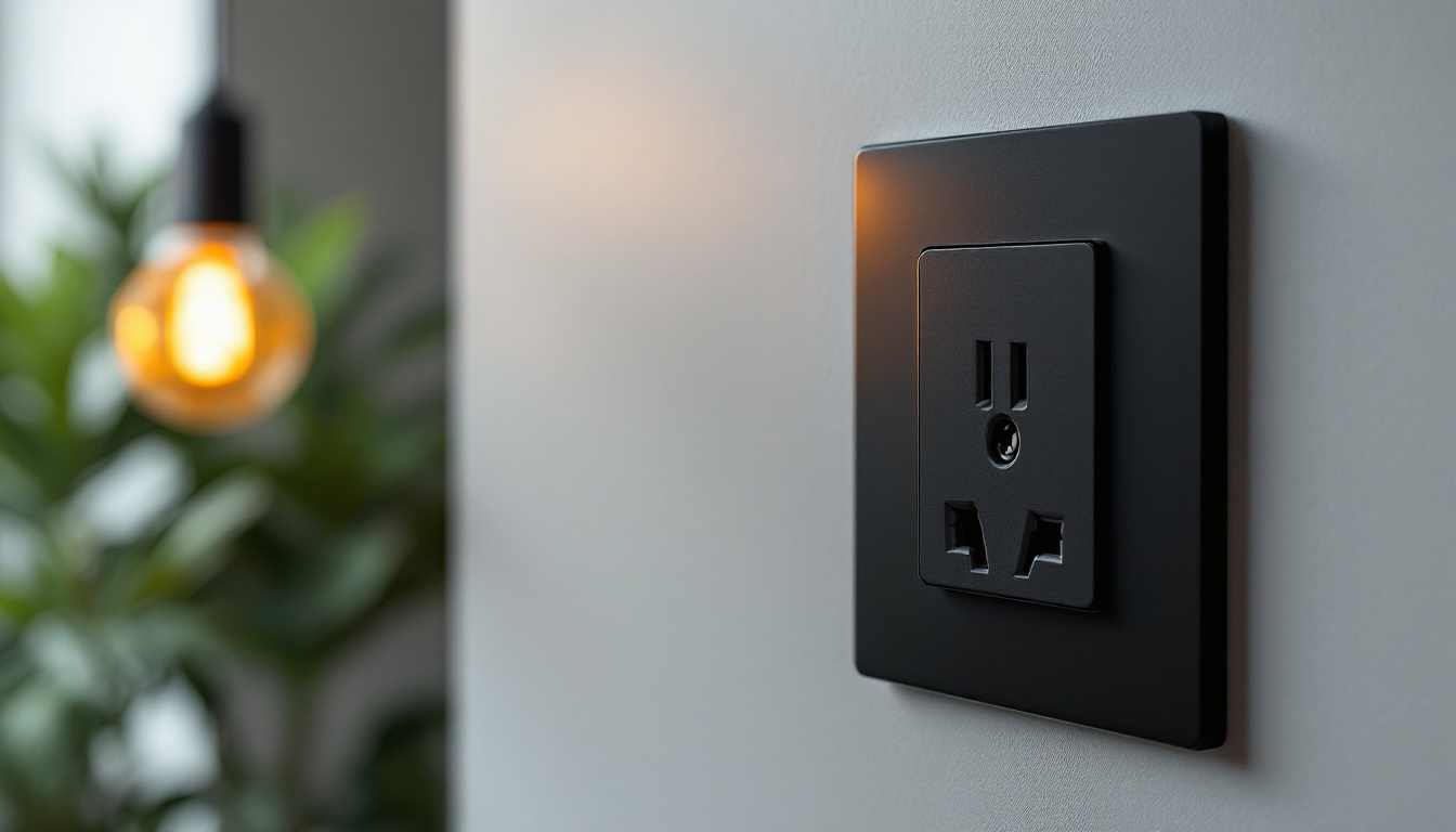A photograph of a sleek black electrical outlet integrated into a modern interior setting