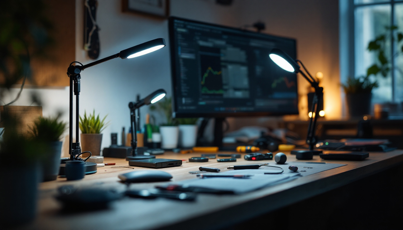 A photograph of capture a photograph of a well-lit workspace showcasing various magnetic led lights in use