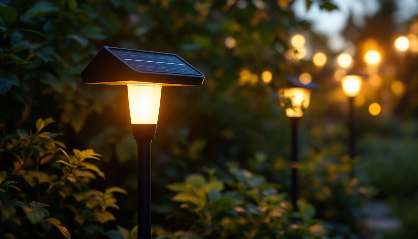 A photograph of a solar light illuminated at dusk in a lush garden setting