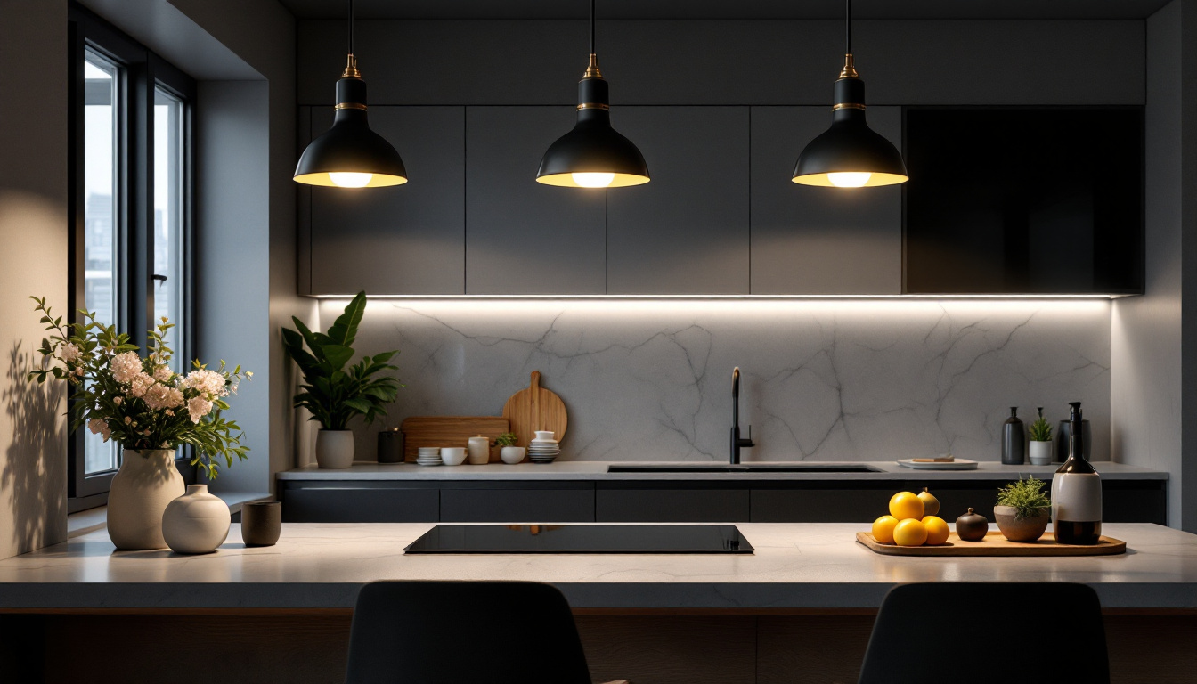 A photograph of a modern kitchen showcasing stylish overhead lighting fixtures that highlight the space's functionality and aesthetic appeal