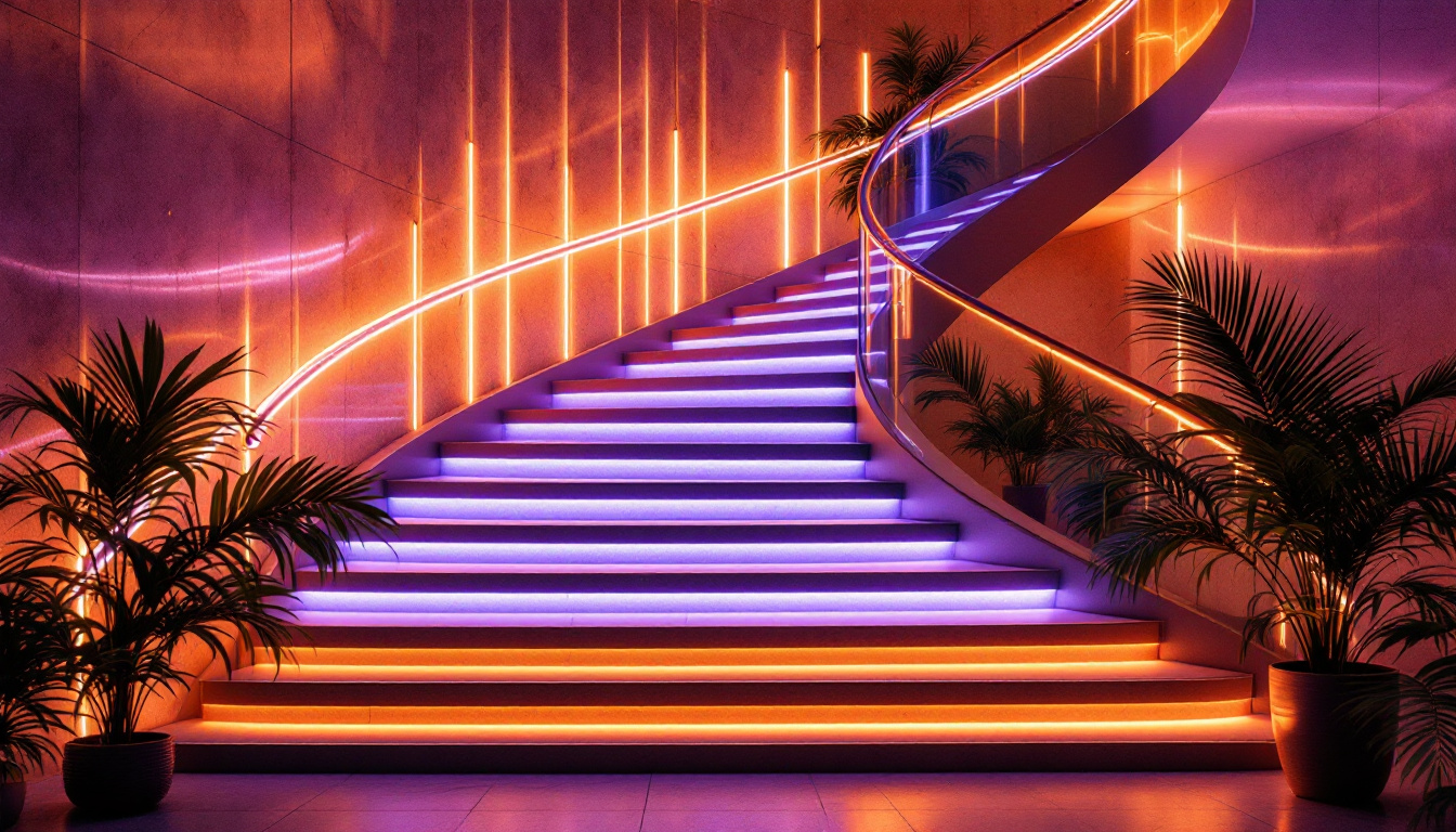 A photograph of a beautifully illuminated staircase that showcases innovative lighting designs