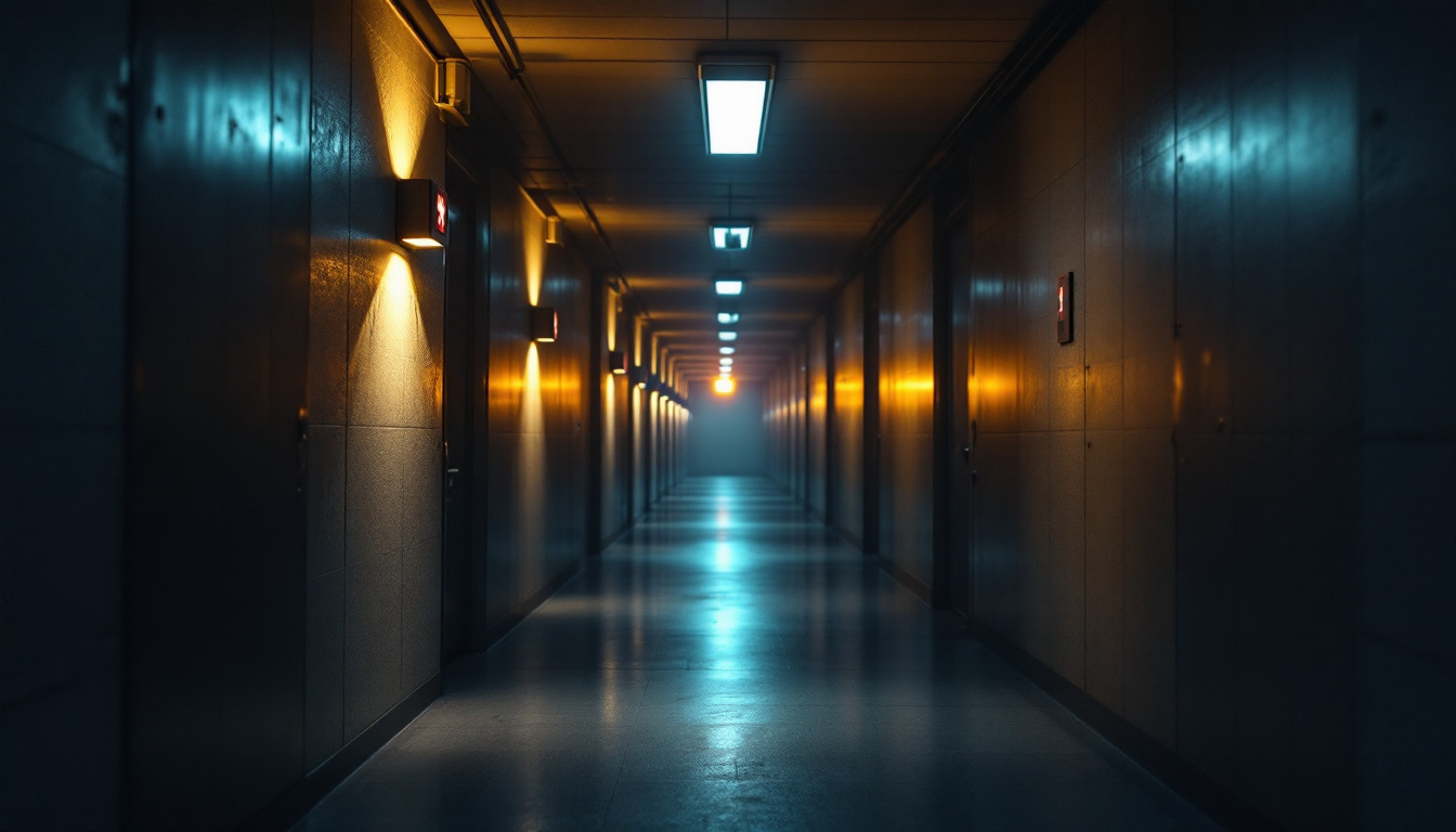 A photograph of a dimly lit corridor featuring strategically placed emergency lighting fixtures