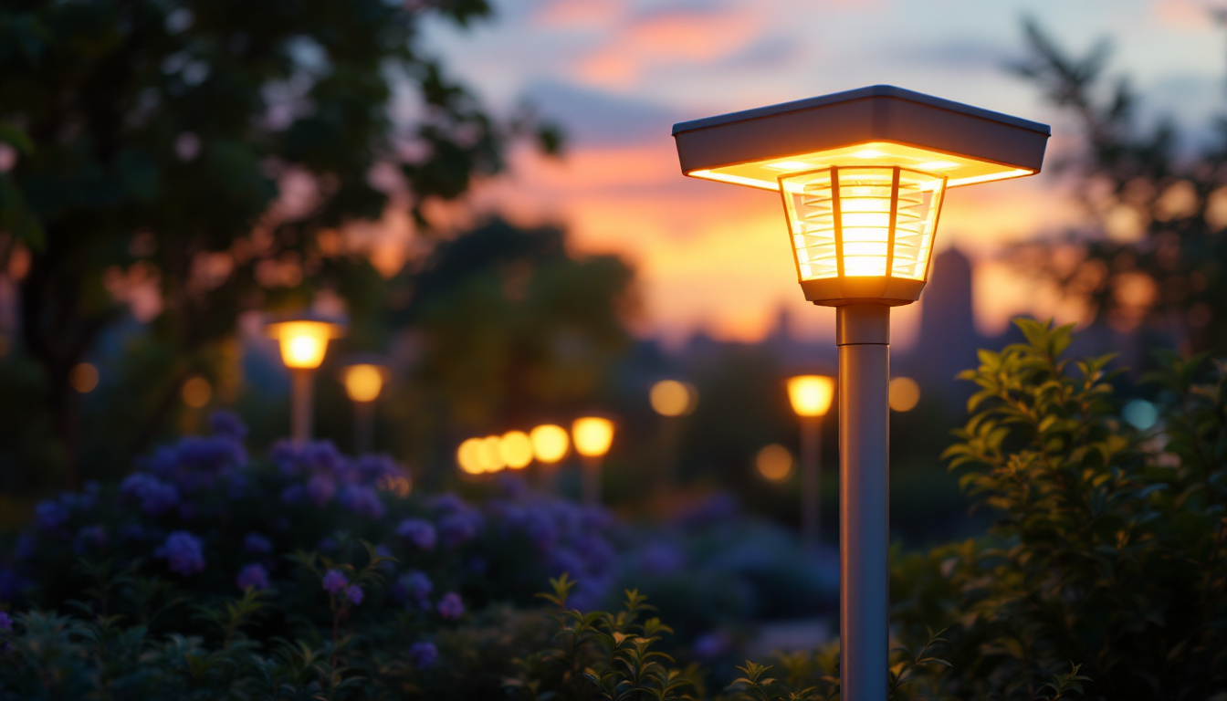 A photograph of a modern solar light post illuminated at dusk in a vibrant outdoor setting