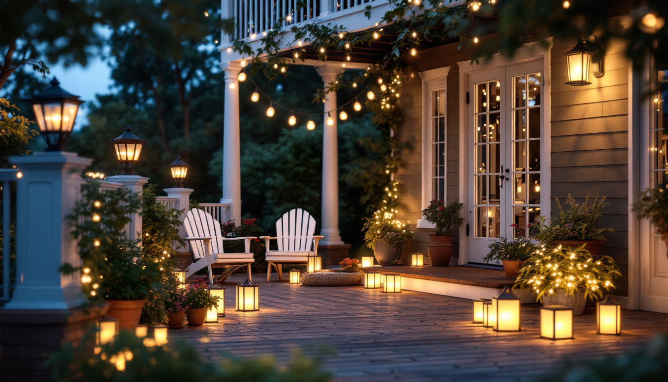 A photograph of a beautifully lit porch showcasing a variety of outdoor lamps in creative arrangements