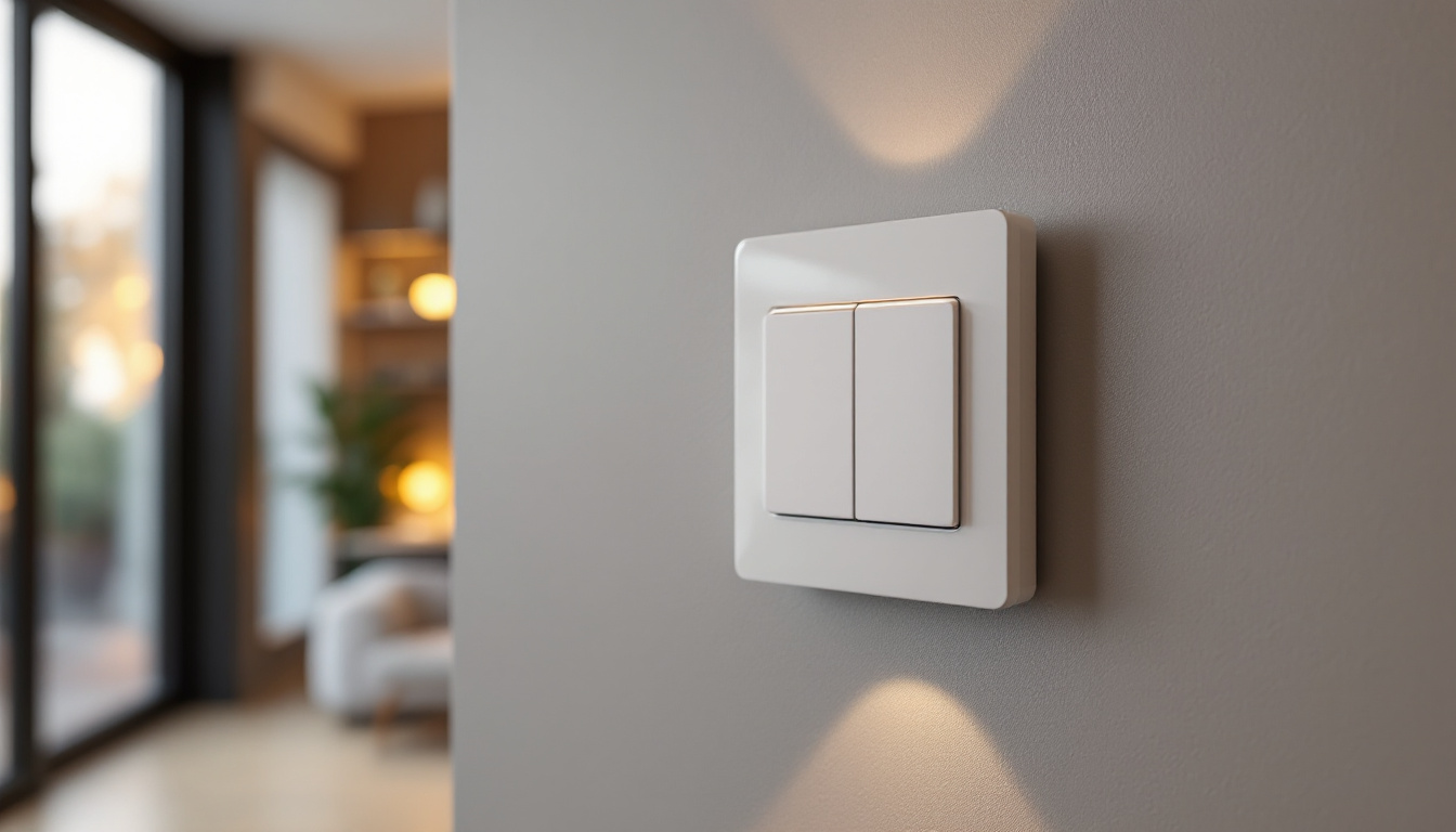 A photograph of a stylish combination light and fan switch installed in a contemporary home setting