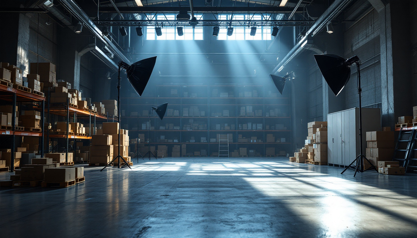 A photograph of a well-lit warehouse interior showcasing various lighting setups