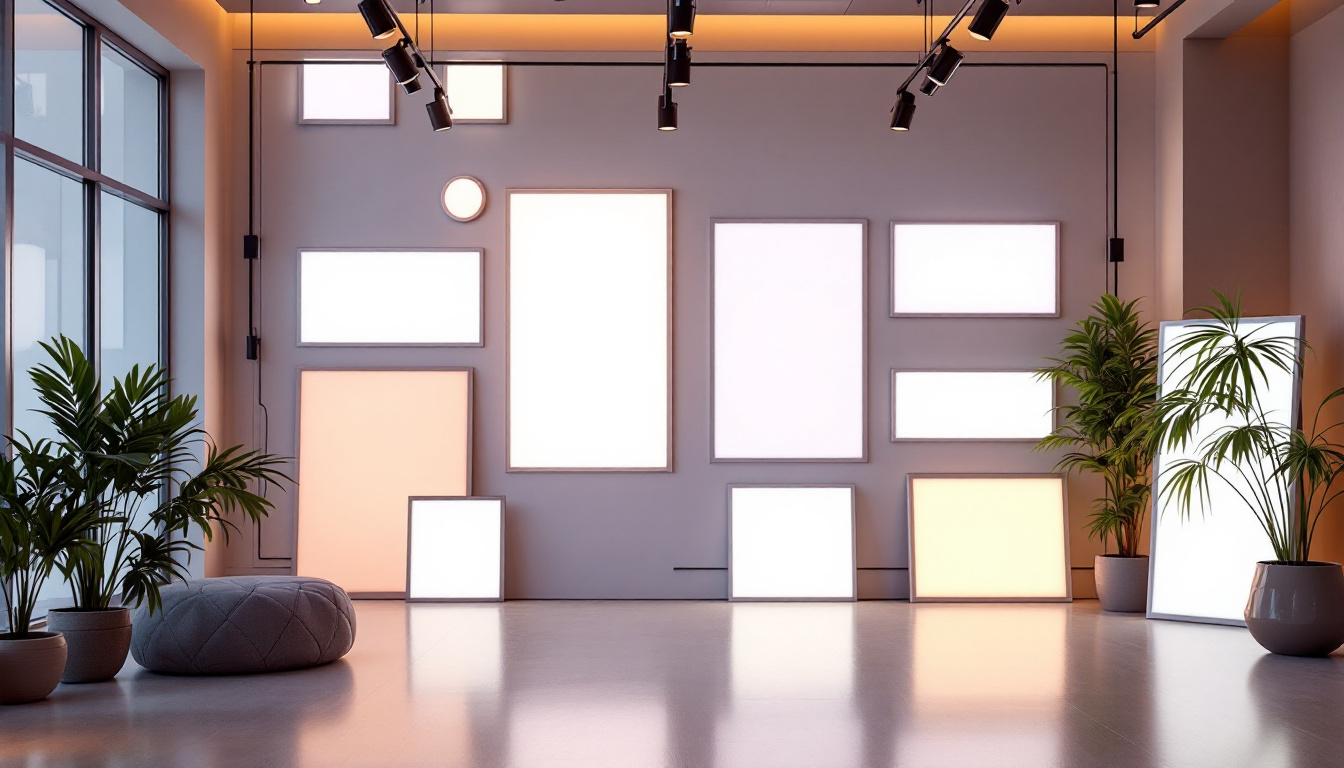 A photograph of a modern interior space showcasing various led lighting panels in use