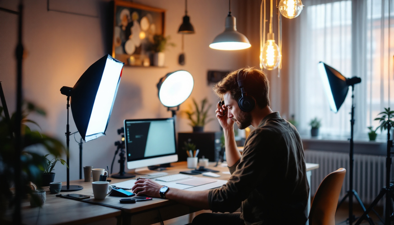 A photograph of a well-lit workspace featuring various lighting solutions for photography