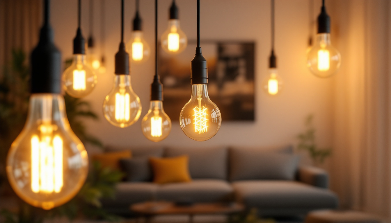 A photograph of a beautifully designed living space featuring a variety of stylish light bulbs in decorative fixtures