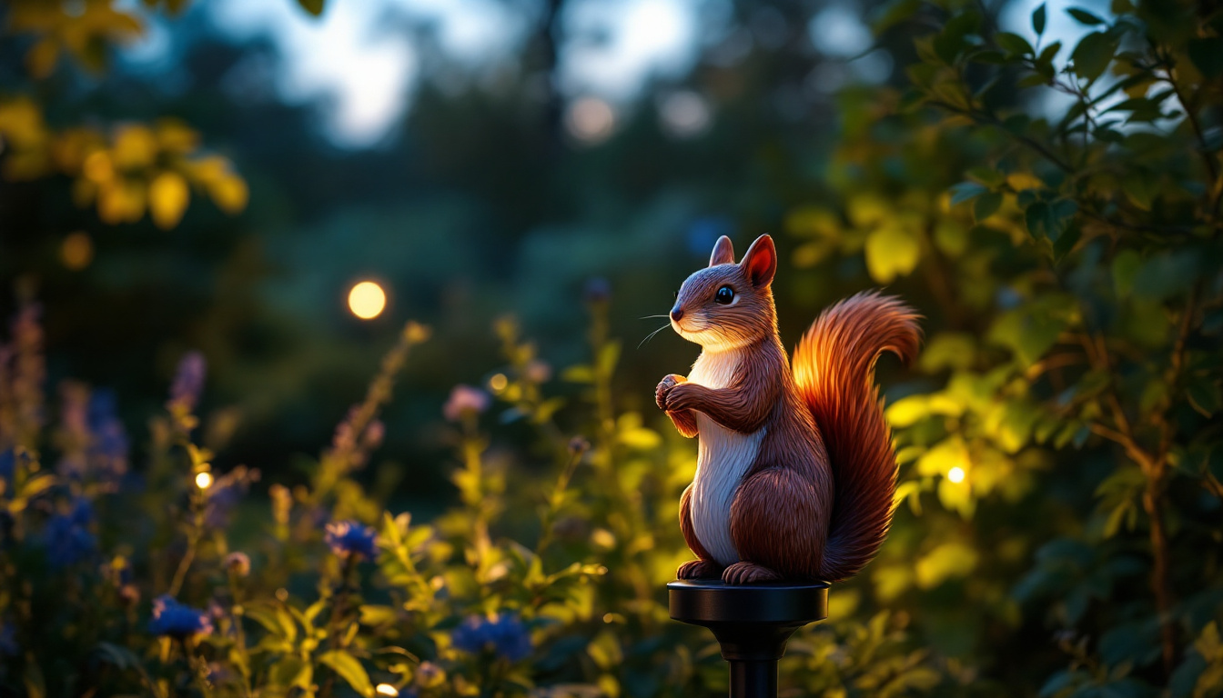 A photograph of a beautifully illuminated outdoor solar-powered led squirrel lamp post in a natural setting