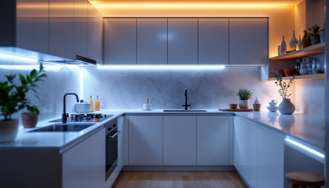 A photograph of a beautifully designed kitchen featuring under counter led lights illuminating the countertops