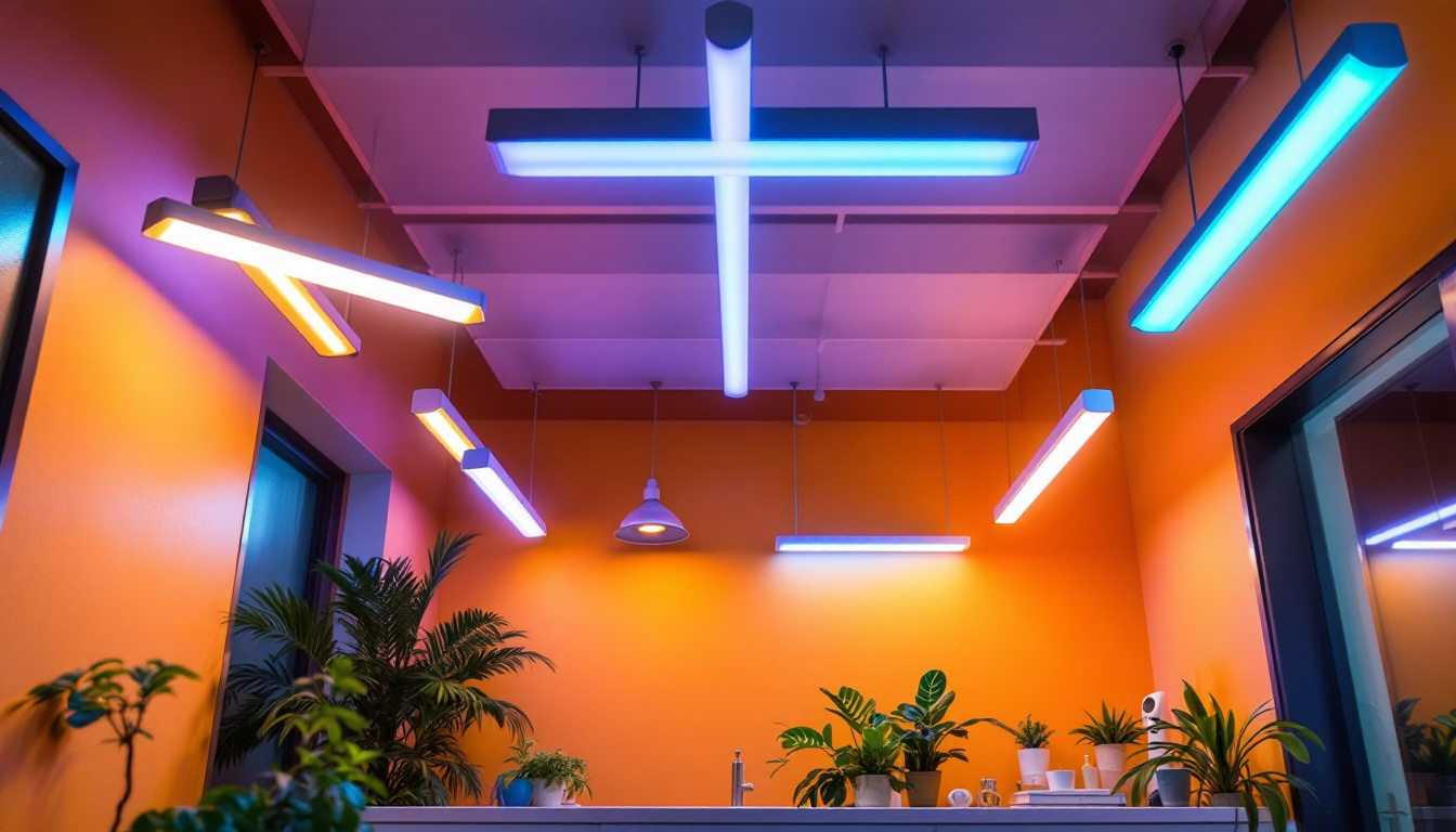 A photograph of a well-designed interior space that showcases various fluorescent lighting fixtures in use