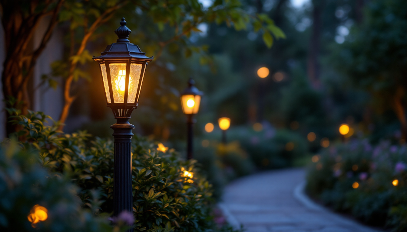A photograph of a beautifully designed outdoor lamp post illuminating a charming garden or pathway at dusk