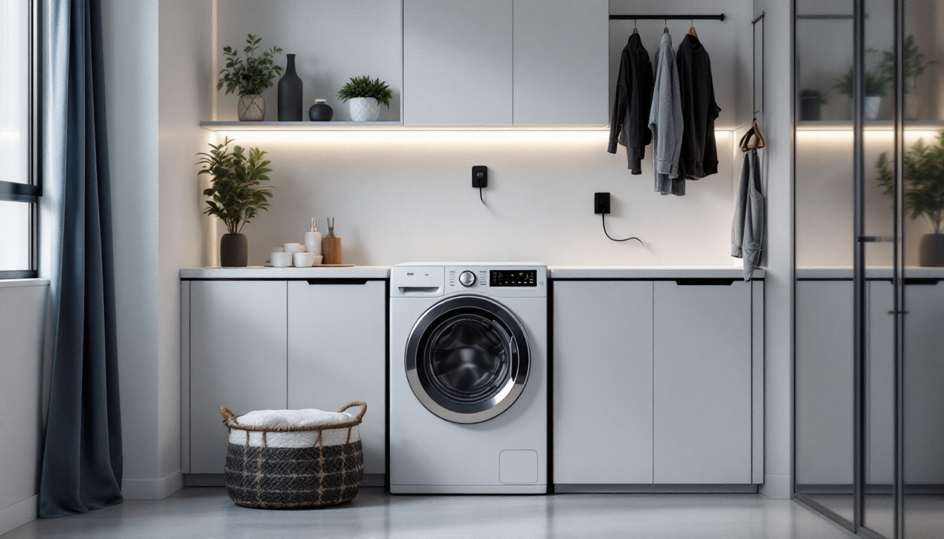 A photograph of a stylishly designed laundry room featuring a washer machine with a plug adapter seamlessly integrated into the lighting design